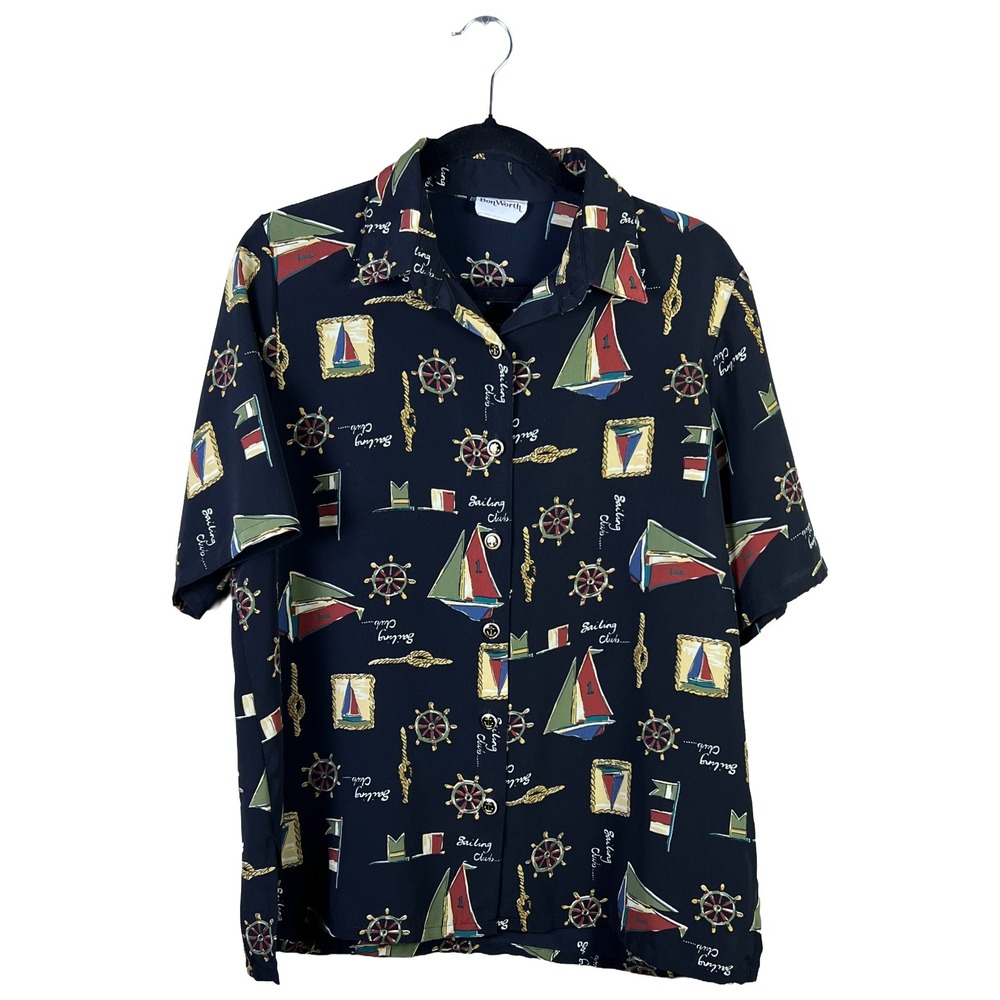 BonWorth Nautical Short Sleeve Button Up Shirt 90s‎ Women's L Coastal